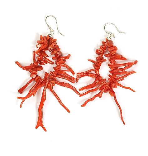 Earrings with Mediterranean red coral fragments (Sardinian Coral) "fringe" processing