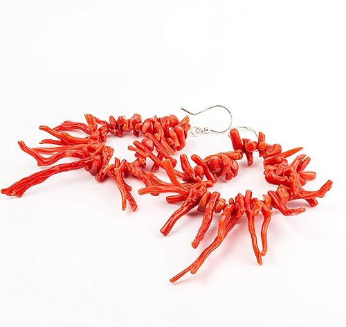 Earrings with Mediterranean red coral fragments (Sardinian Coral) "fringe" processing