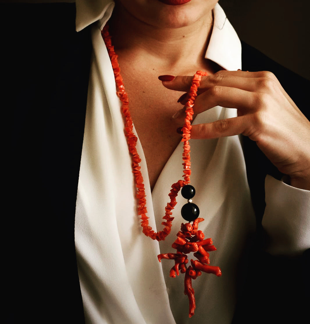 Coral Necklace (from Sardinia Italy) and Black Agate