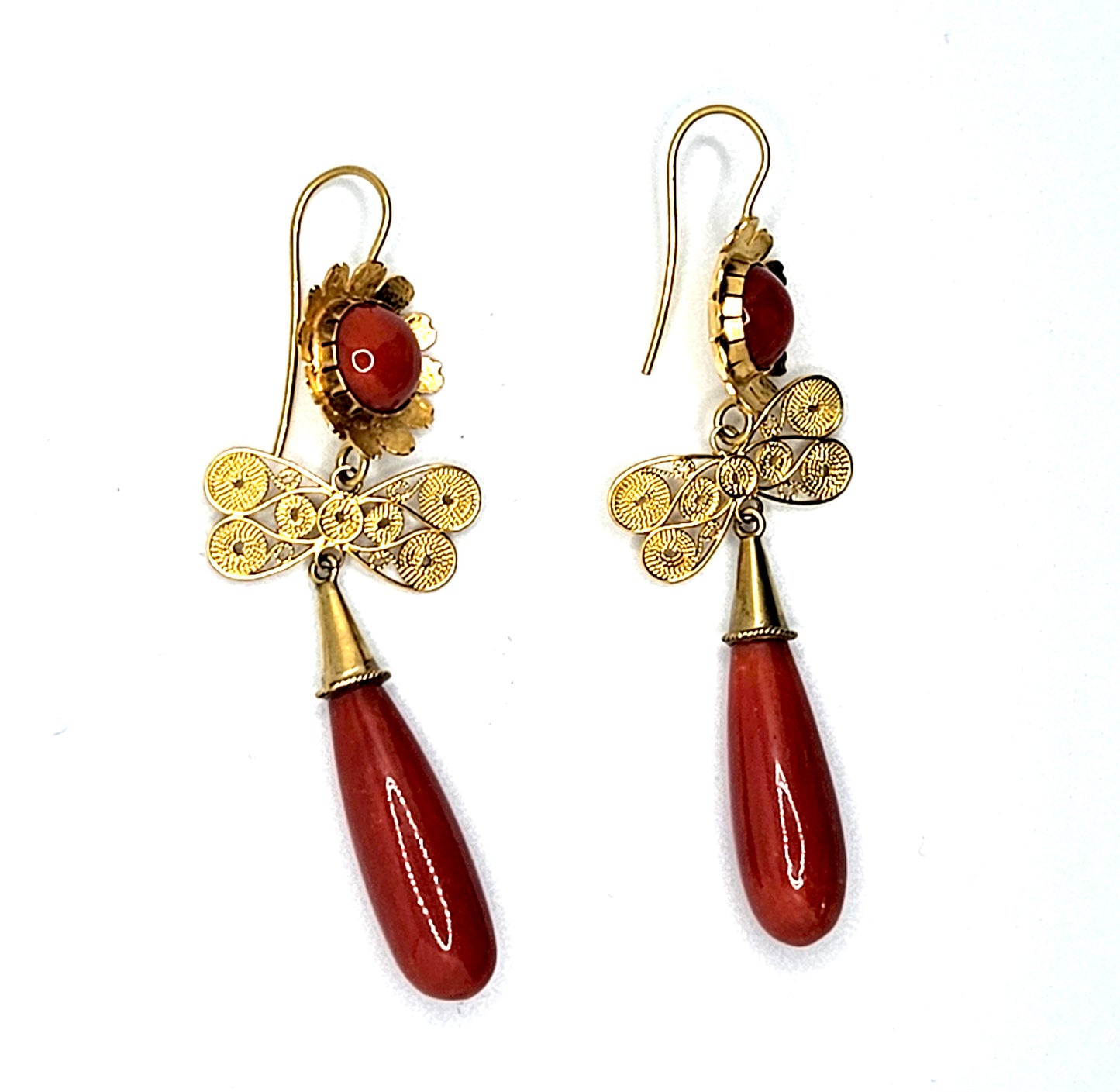 18k Gold Filigree Teardrop Coral Earrings