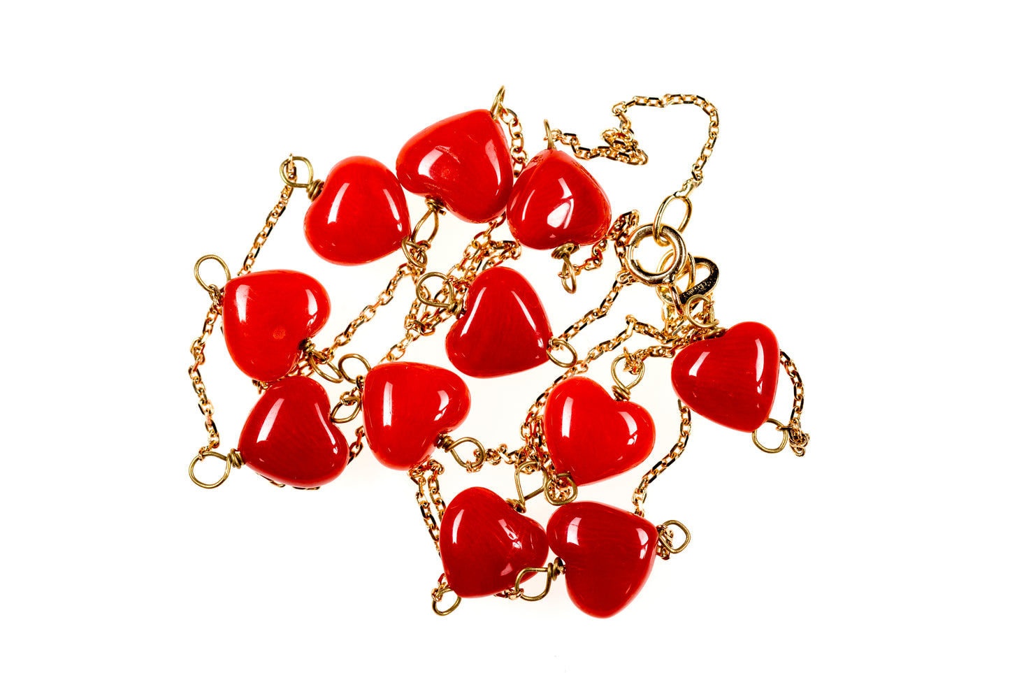 Gold necklace with Mediterranean coral hearts (Sardinian coral)