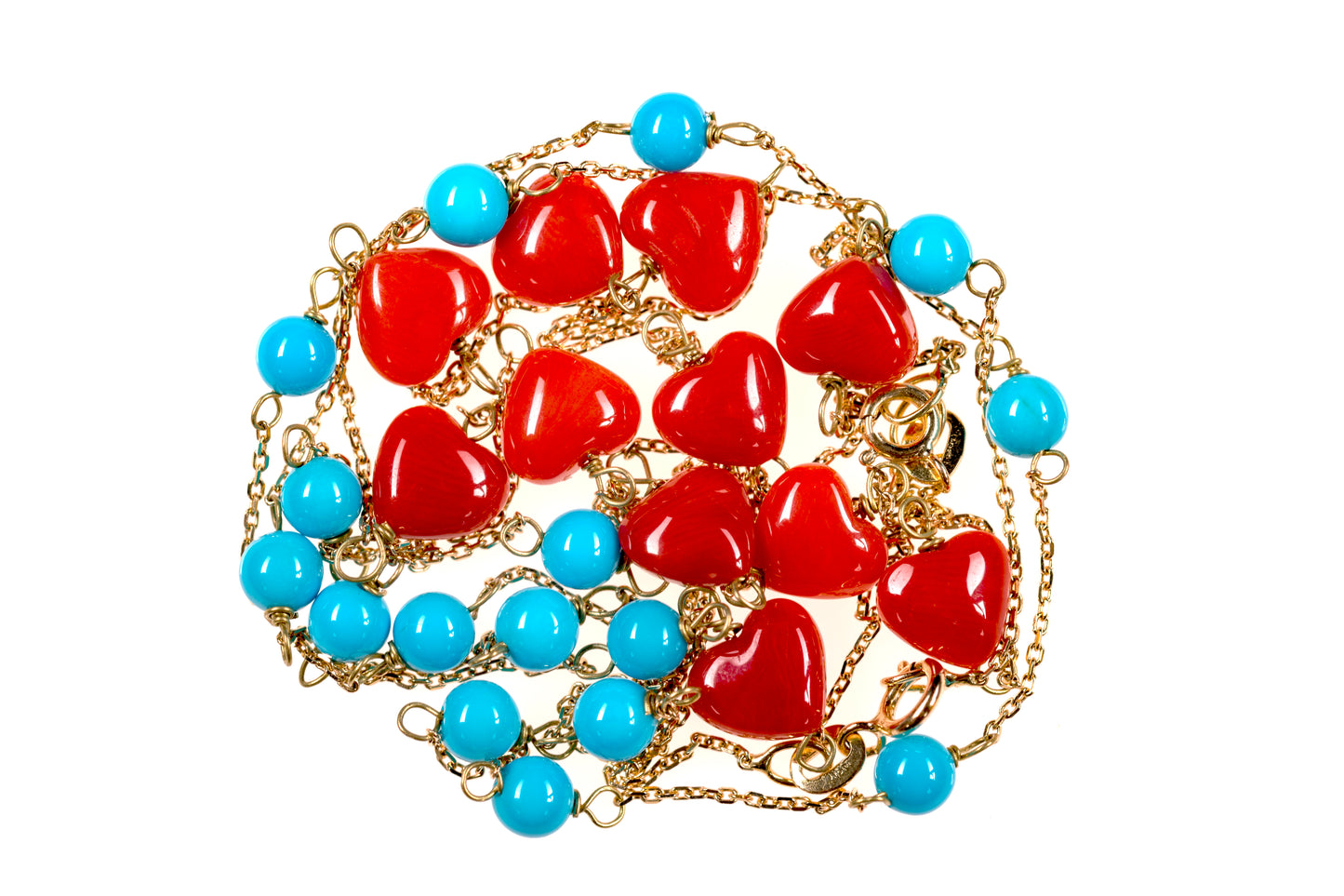 Gold necklace with Mediterranean coral hearts (Sardinian coral)