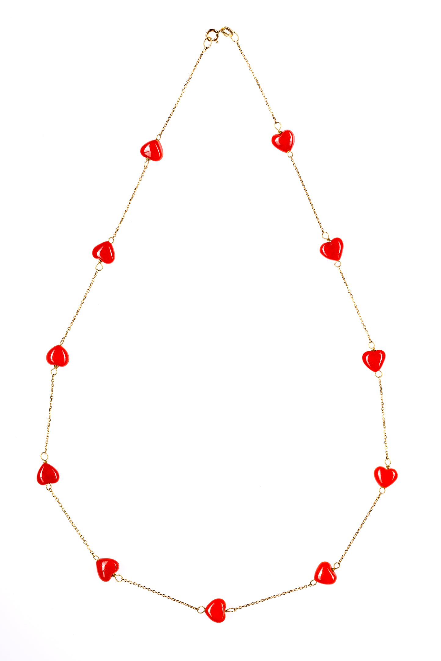 Gold necklace with Mediterranean coral hearts (Sardinian coral)