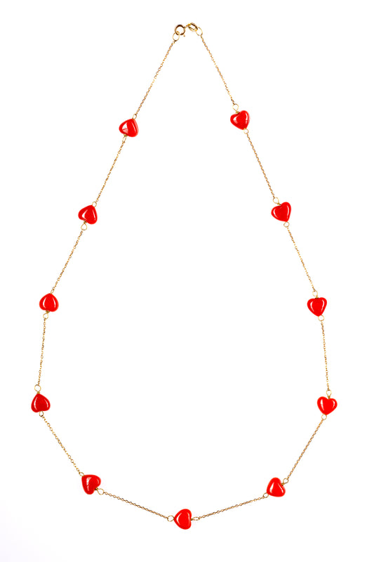 Gold necklace with Mediterranean coral hearts (Sardinian coral)