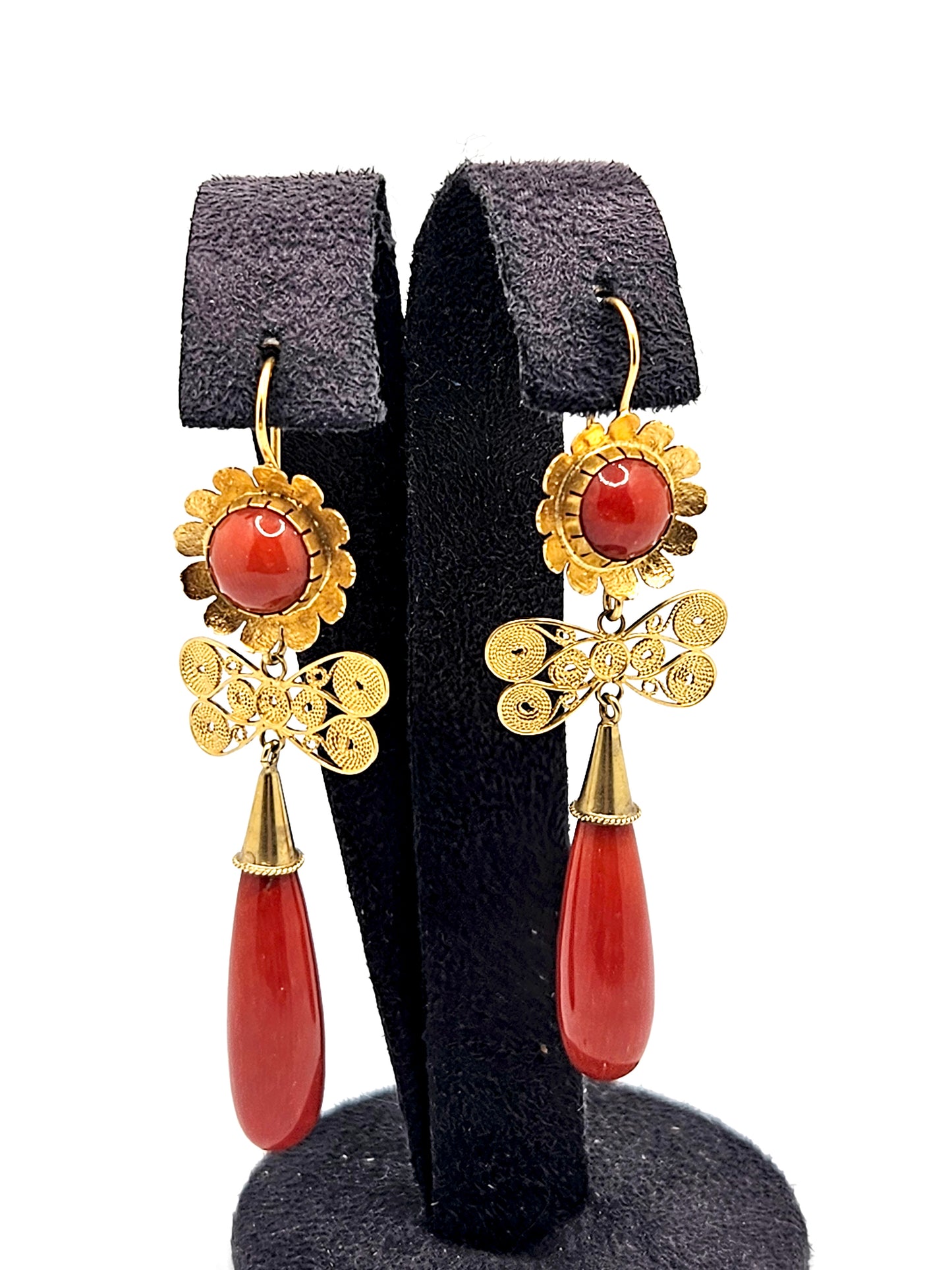 18k Gold Filigree Teardrop Coral Earrings