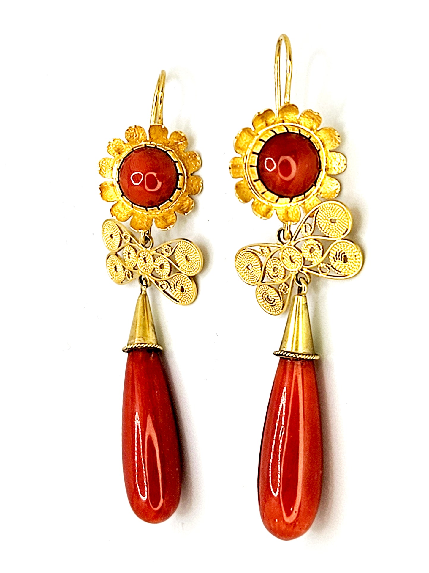 18k Gold Filigree Teardrop Coral Earrings